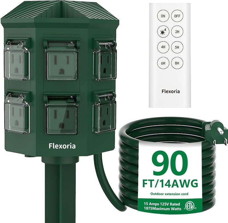 Flexoria Outdoor Power Stake Timer, Remote Control Dusk to Dawn Light Timer, 90FT Extension Cord Waterproof, 6 Grounded Outlets for Outdoor Christmas Decorations, ETL Listed - Image 1